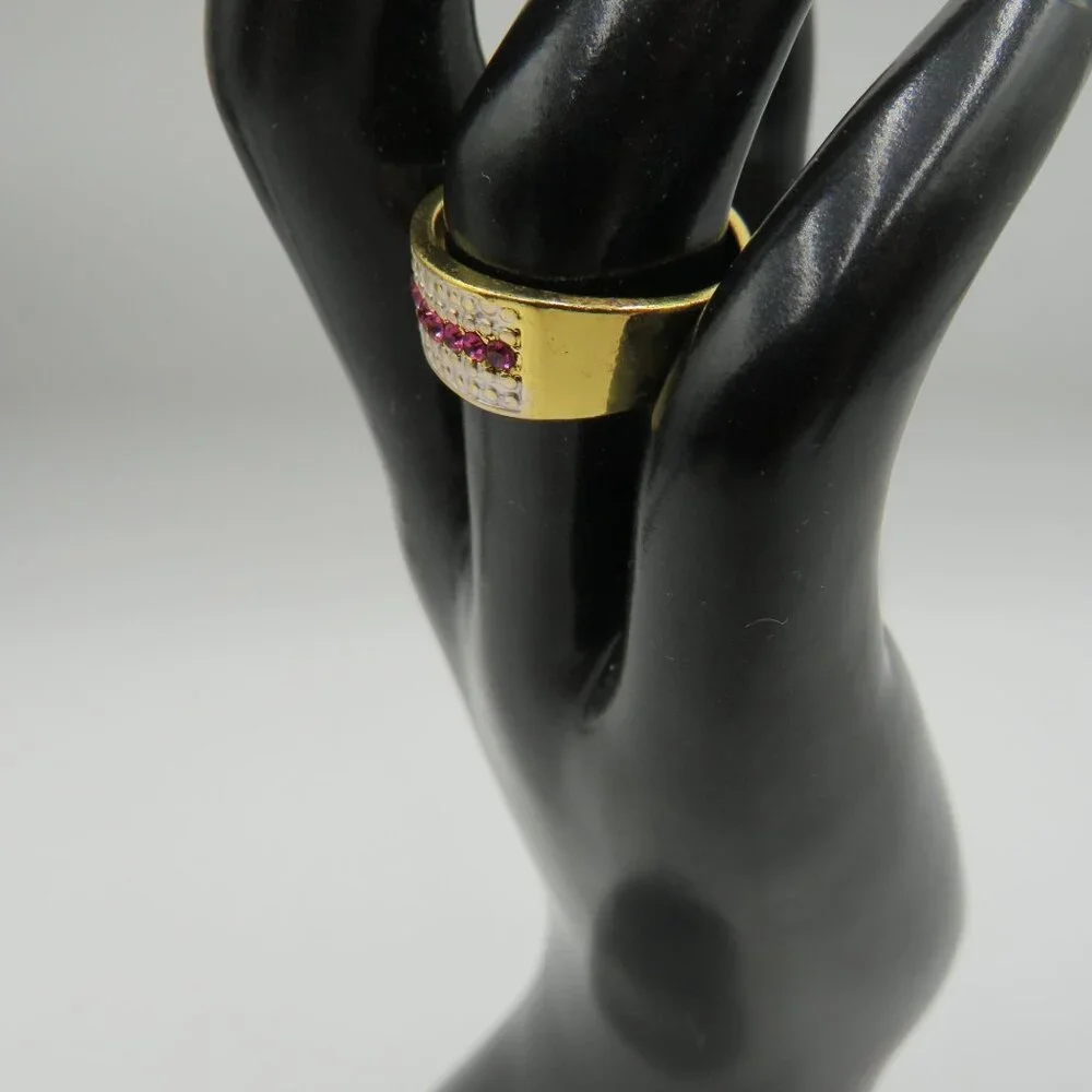 Wide Band Ring Womens‎ Size 6 Imitation Ruby Red Rhinestones Gold Silver Tone